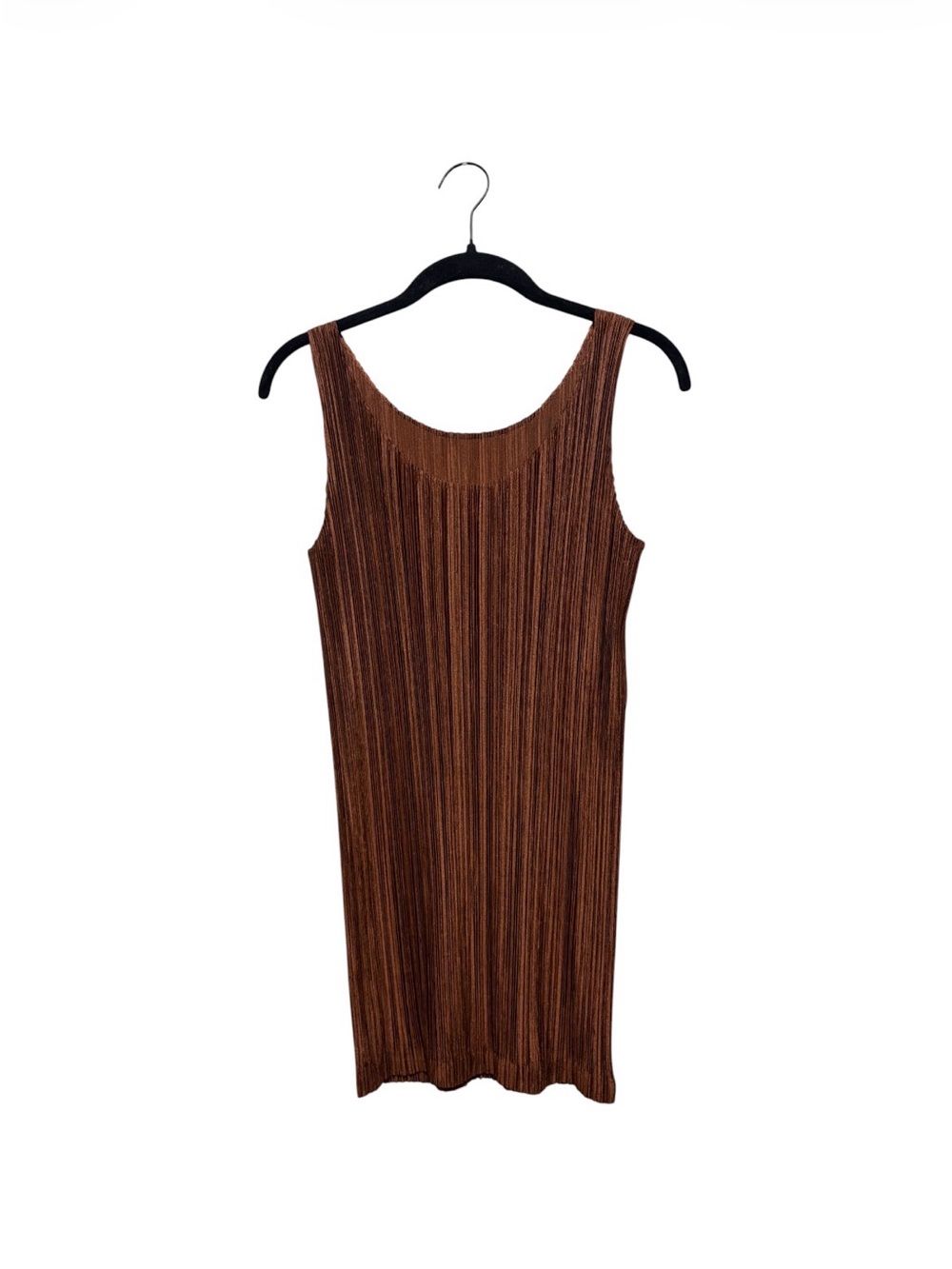 Issey Miyake Brown Pleated Sleeveless Shift Dress